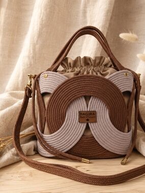Brown & Beige Woven Circle Crossbody Tote Bag - Handmade By Me In Canada